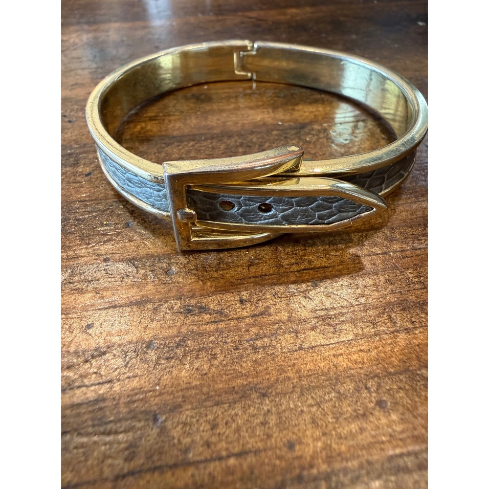 Gold Tone Belt Buckle Bangle Bracelet Faux Leather Inlay‎ Hinged Cuff
